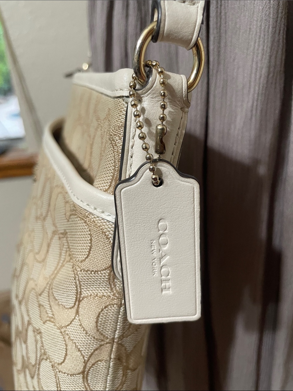 Coach Beige Signature Crossbody Bag - Neutral Canvas Shoulder Purse - Picture 5 of 12